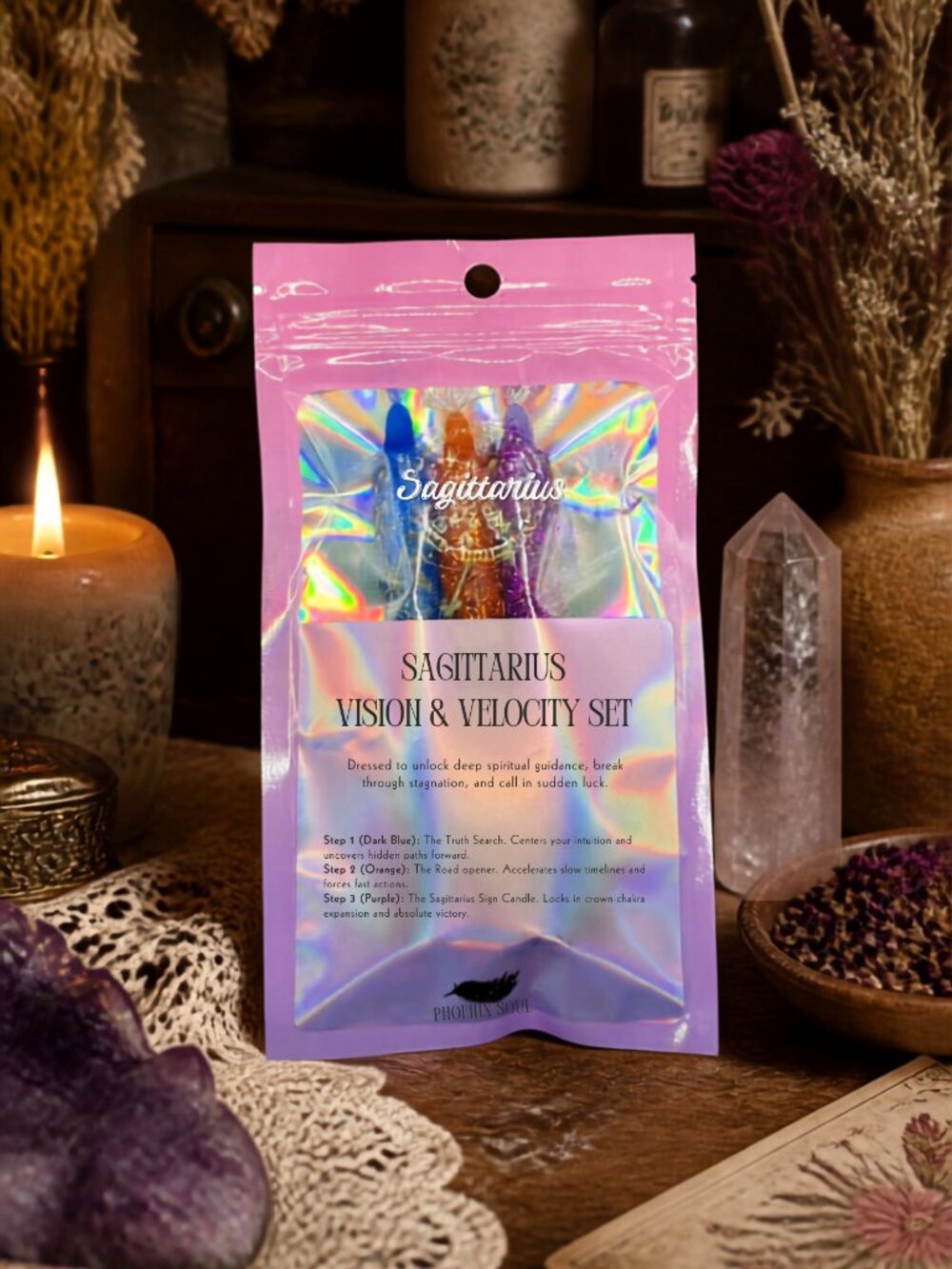 3pc Sagittarius Vision & Velocity Spell Candle Set Hand Dressed Bundle